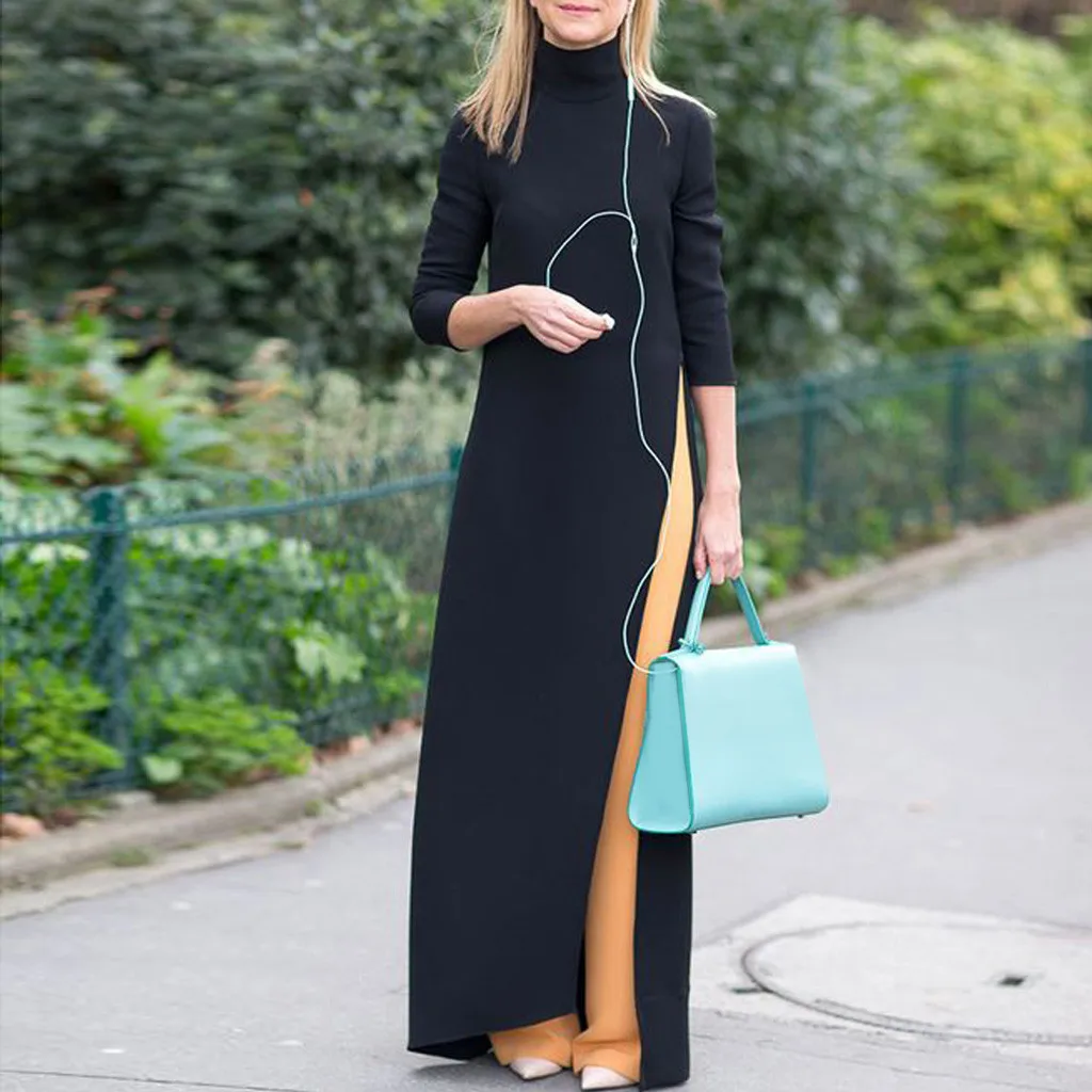 

2019 NEWFashion women's dress large size Muslim robes high collar solid color Slim irregular long dress W0820