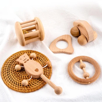 

5Pcs Newborn Baby Wooden Rattles Toys Infants Teether Hand Bell Gift Toddler Early Educational Music Toy