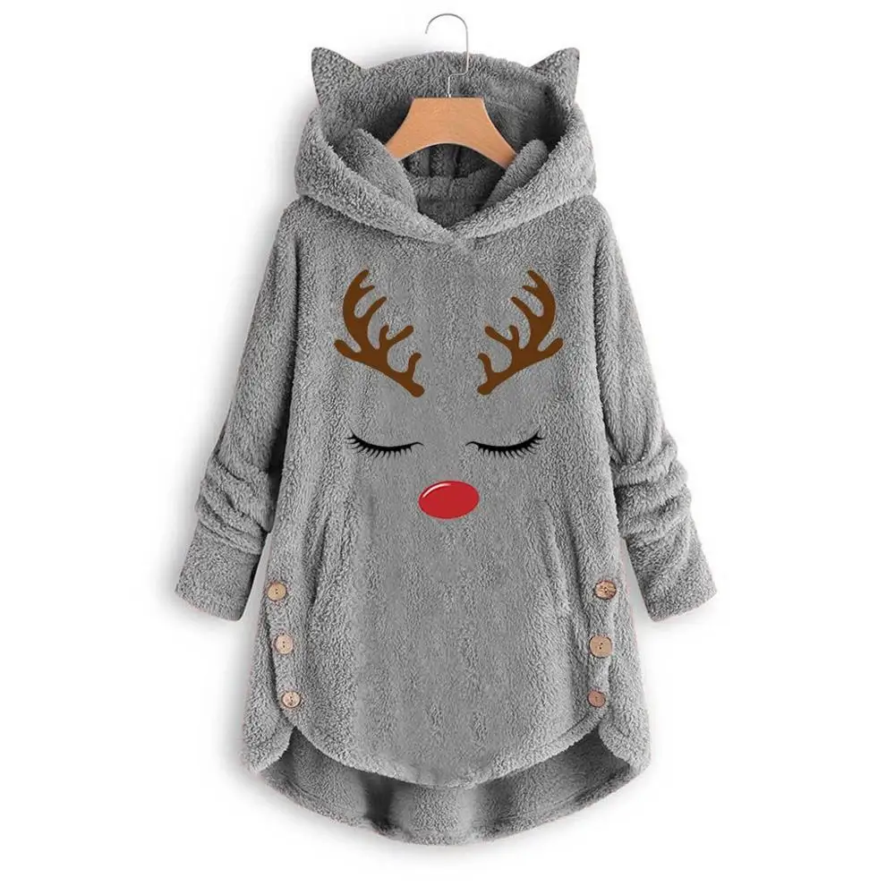 Женский свитер с капюшоном и кошачьими ушками, большой размер, длинный рукав, на пуговицах, теплый пуловер, Рождественский Повседневный модный свитер