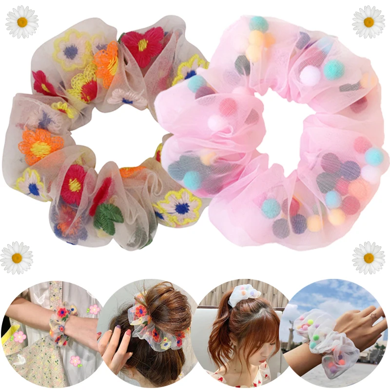 

New Rural Cultural Design Hair Scrunchies Organza Gauze Elastic Hair Bands for Women Girls Hair Rope Rings Ties Wrist Decor