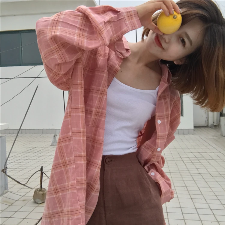 Женские рубашки, классические, Ретро стиль, элегантные, с отложным воротником, с карманами, в клетку, женская рубашка с длинным рукавом, для отдыха, свободный, корейский стиль, для девушек - Цвет: 8318 pink