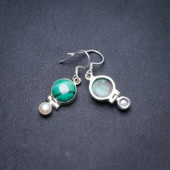 

Natural Malachite and River Pearl Handmade Unique 925 Sterling Silver Earrings 1.25" Y2409