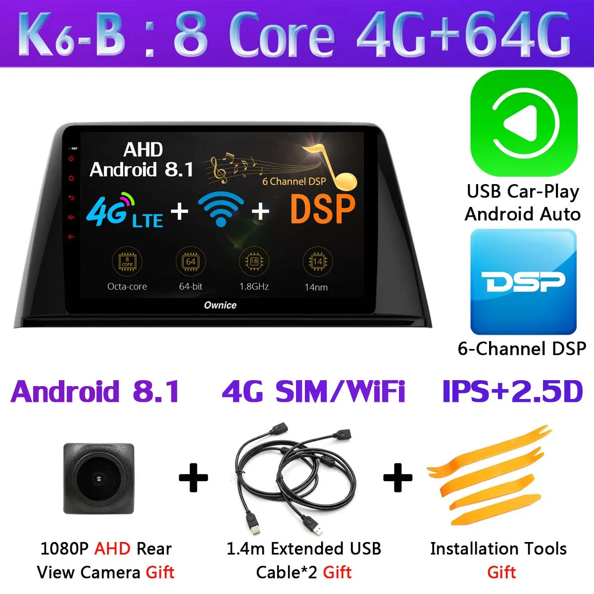 K6-B-CarPlay 360 ° панорамный 4 × камера 4G LTE WiFi Android 9,0 8 ядерный 4G+ 64G SPDIF DSP CarPlay Автомобильный плеер для peugeot 308- gps радио - Цвет: K6-B-CarPlay