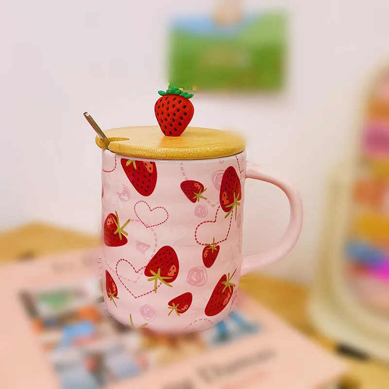 Cute Embossed Strawberry Ceramic Cup With Lid Spoon Water - Temu