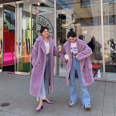 purple long Зимнее пальто с натуральным Плюшевым Мехом, женские модные меховые куртки с длинным рукавом, женские элегантные однотонные пальто с карманами, женские пальто - Цвет: purple long