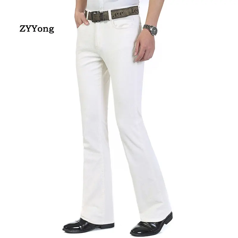 Men's Jeans Trousers Mid Waist Elastic Slim Boot Cut Semi-Flared Bell White Leisure Bottom Denim Pants Casual Full Length Light
