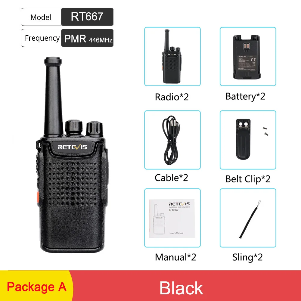 Package A 2 шт. Retevis RT667/RT67 портативная рация PMR радио PMR 446 VOX Немагнитный динамик 3000mAh двухстороннее радио Comunicador рация - Цвет: Package A