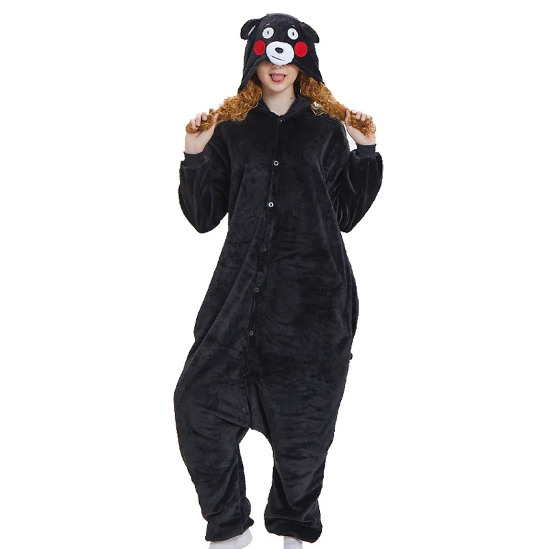 Милый мультфильм кигуруми медведь Кумамон пижамы с длинными рукавами комбинезон с капюшоном взрослых женщин животных Хэллоуин Рождество пижамы - Цвет: Черный