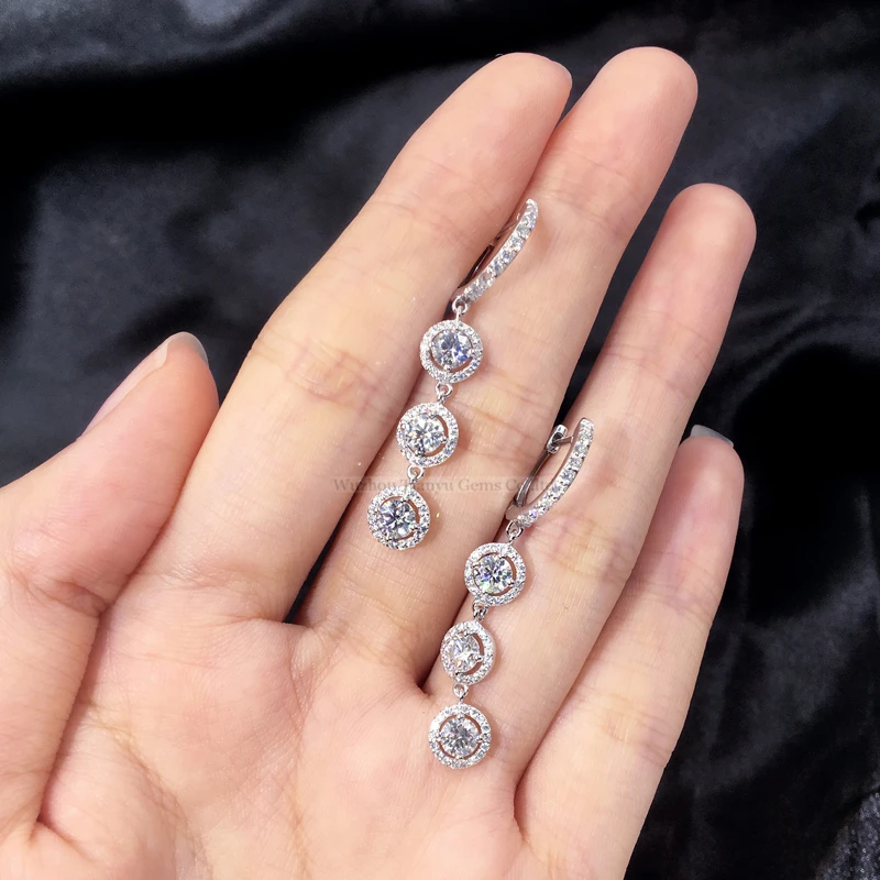 Tianyu драгоценные камни Luxuly 2.1ct Moissanite Висячие серьги круглые 925 Серебряные длинные