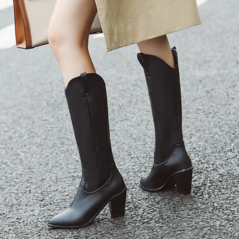 Черный, белый цвет искусственная кожа зимние женские ботинки до колена острый носок ковбойские сапоги Вестерн для женские длинные сапоги на высоком каблуке - Цвет: Черный