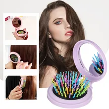 1pc Folding Air Bag Comb With Mirror Compact Pocket Size Portable Travel Hair Brush Cosmetic Mirror Head Massager Relax