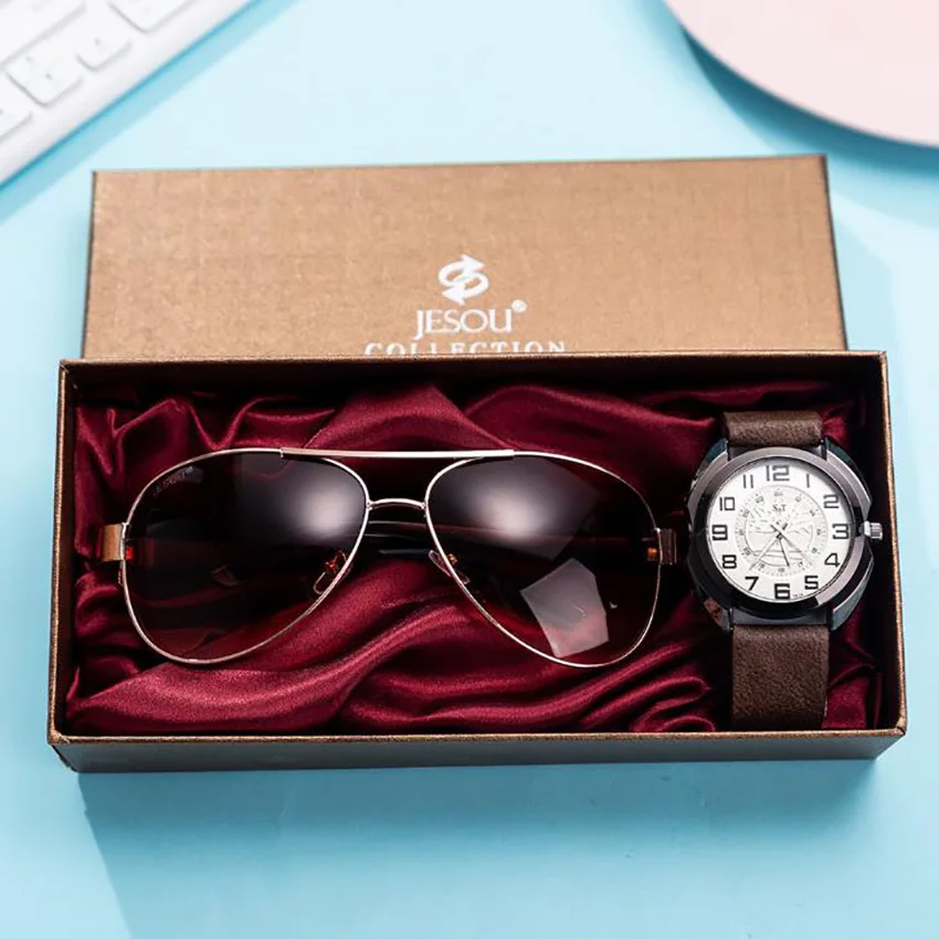 

Mens Watches 2pcs/set gift set glasses large dial quartz watch box Gift Set for Boy friend Sport Watch Dad Husband Boy friend