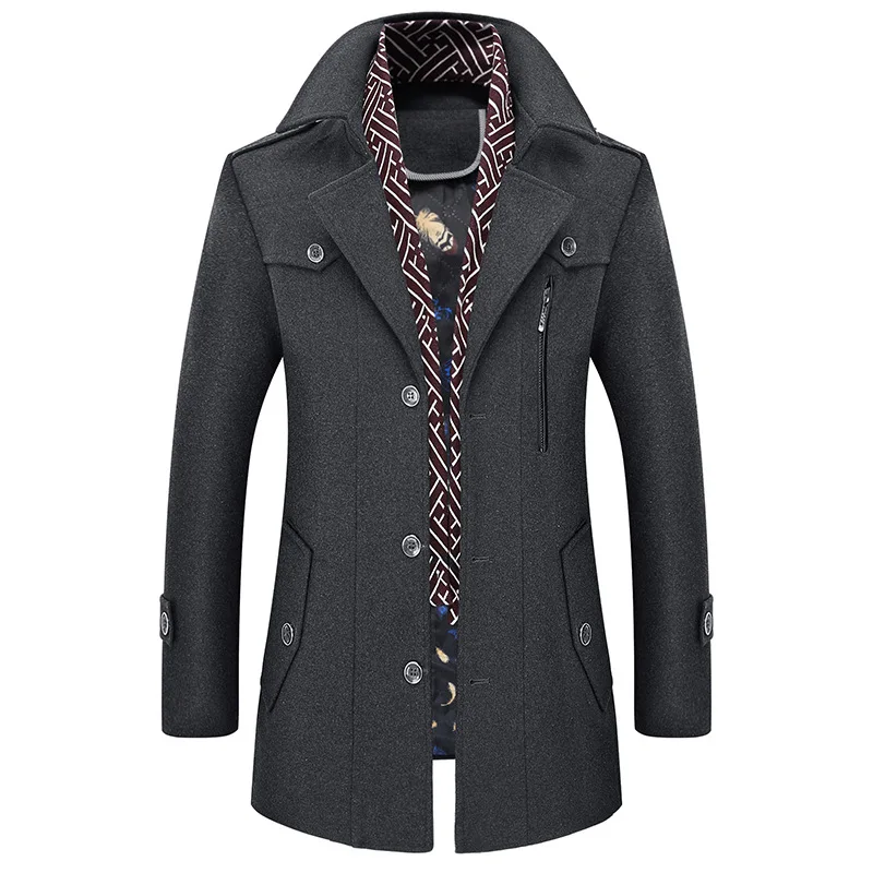 

Nice Thick Warm Excellent Quality Palto Uzun Erkek Turn Down Collar With Detachable Scarf Overcoat Men Wool