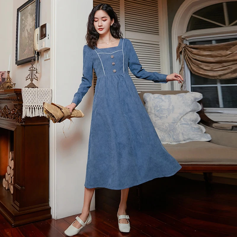 New Vintage Women dress Slim Intelligence Fume Long French Niche Corduroy Dresses Blue 829
