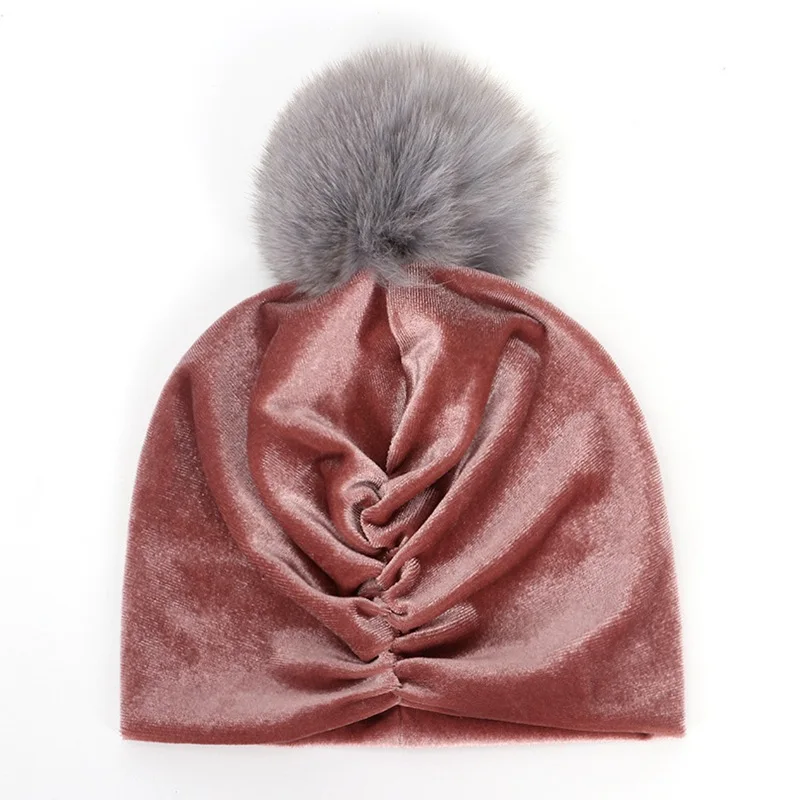 Leather pink Детские Бархатные плиссированные шапки для девочек, шапка из лисьего меха, индийская шапка для малышей, осенне-зимняя теплая вязаная шапка с ушками, Детская однотонная модная шапка - Цвет: Leather pink