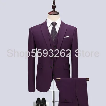 

Leisure Positive Pack Marriage Marriage Groom Best Man Wedding Banquet Solid Color Second Grain Buckle Three-piece Set Purple