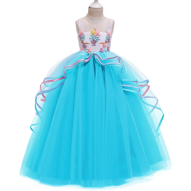 Fantasy Unicorn Dress For Girl Princess Party Dress Baby Halloween Costume Rainbow Tiered Mesh tutu Dress Kids Licorne Long Robe - Цвет: Blue