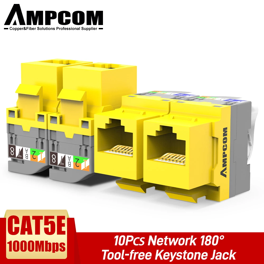 AMPCOM 5-Pack CAT5e RJ45 Tool-Less Keystone Jack No Punch Down Tool Required UTP Module Connector Yellow AMPCOM 5-Pack CAT5e RJ45 Tool-Less Keystone Jack No Punch Down Tool Required UTP Module Connector Yellow