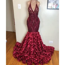 Великолепное Бордовое платье русалки для выпускного вечера, кружевное платье с лямкой через шею и цветочной аппликацией, вечерние платья с глубоким v-образным вырезом CP377