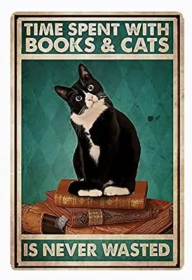 

sanstar Vintage Metal Sign Cat Poser Times Spend with Books & Cat is Never Wasted Quote Retro Farmhouse Metal Tin Sign Office