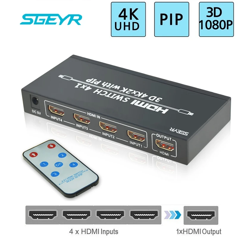 SGEYR 4K HDMI Switch 4X1 3D 1080p 4Kx2K Video HDMI Switcher Splitter 4 Input 1 Output with IR Remote Control for XBOX 360 PS4