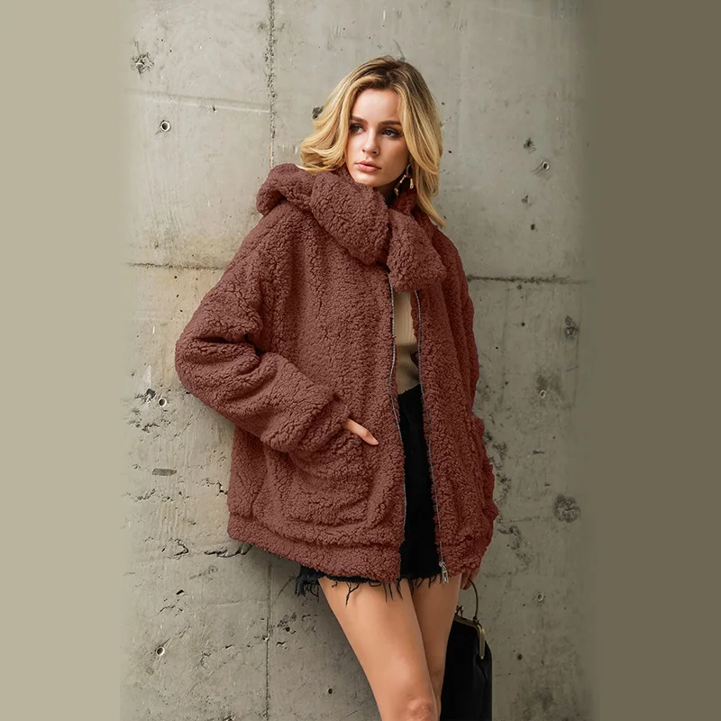 CAMEL Winter Women Fluff Elegant Faux Fur Coat With Scarf Zipper Pocket Jackets Autumn Warm Soft Faux Fur Jacket Female Plush Overcoat - Цвет: CAMEL