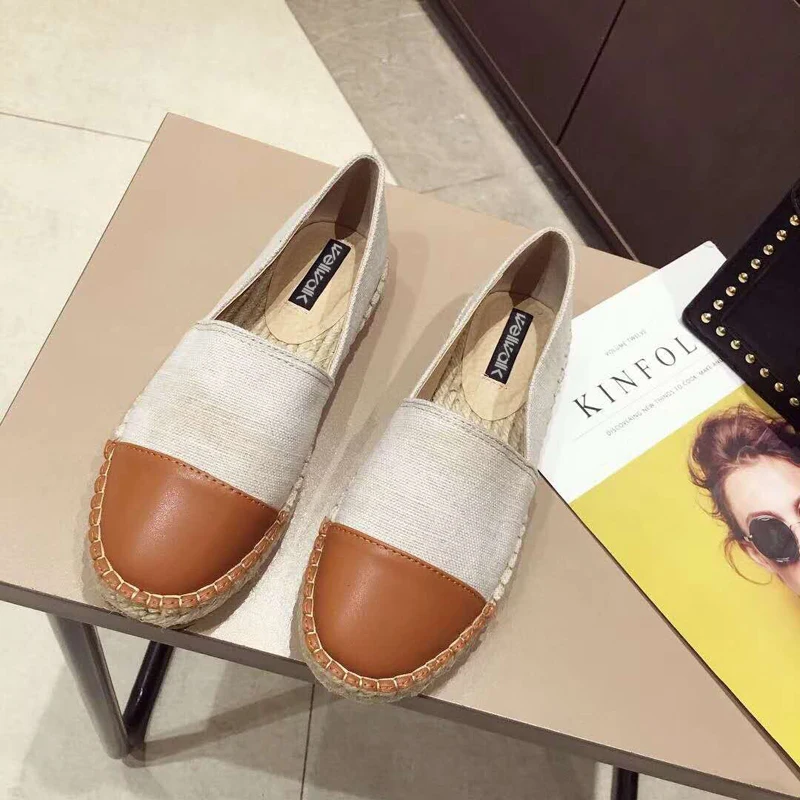 Fashion Hemp Loafers Women Espadrilles Flats Shoes Sewing Rhinestone Round Toe Ladies Casual Moccasins Slip On Brand Style New - Цвет: Коричневый