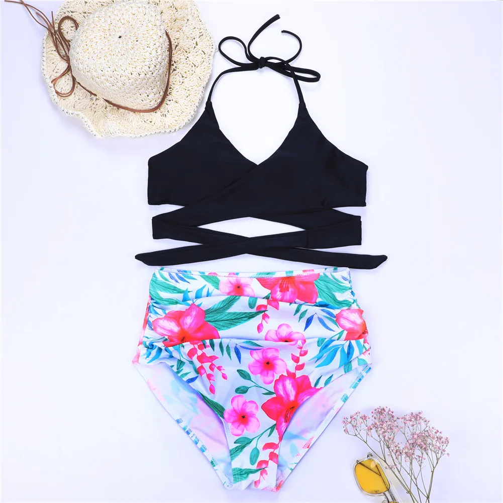 pink floral swimsuit Комплект бикини, купальник с двойными оборками, женский сексуальный купальник с открытыми плечами, высокая талия, одежда для плавания, пляжные купальники размера плюс 3XL - Цвет: pink floral swimsuit