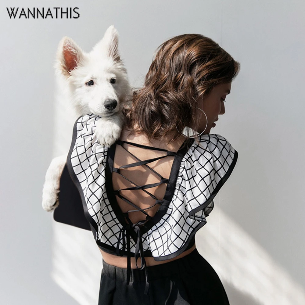 WannaThis блуза с рюшами на рукавах, на шнуровке, с вырезом лодочкой, Женская Осенняя Новинка, модная, тонкая, с длинным рукавом, в стиле пэчворк, в клетку, укороченная