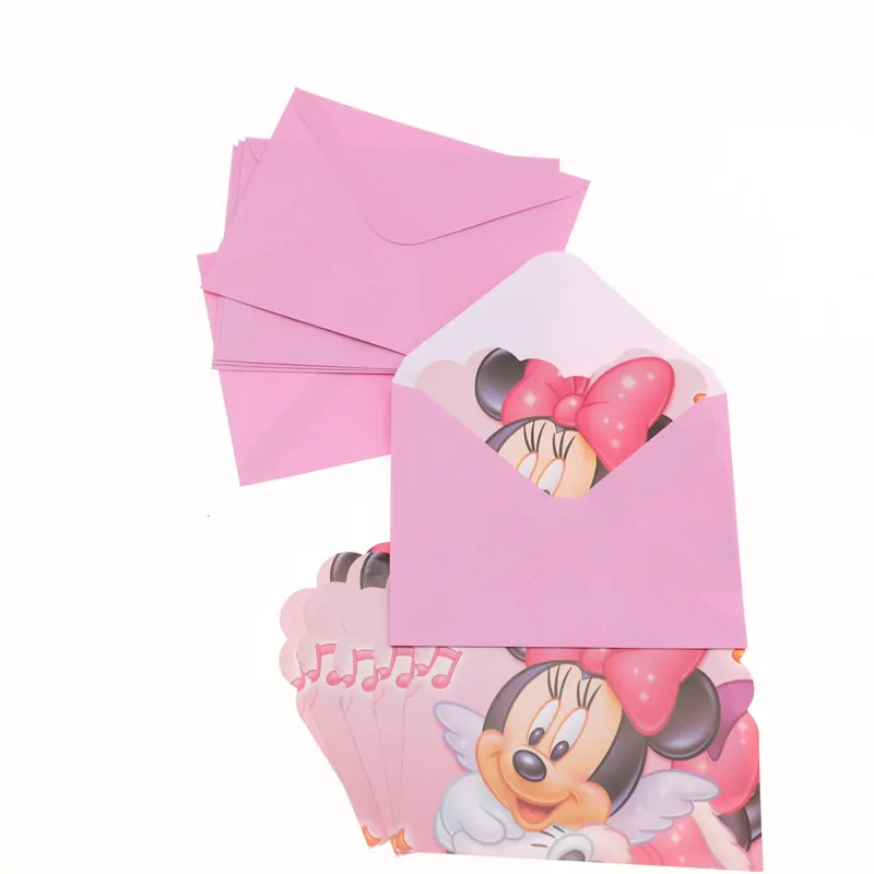 6pcs cards Бумажные тарелки и Соломки с изображением Минни Маус, украшения для торта на день рождения, праздничные украшения для девочек, вечерние принадлежности для душа, свадебные приглашения - Цвет: 6pcs cards