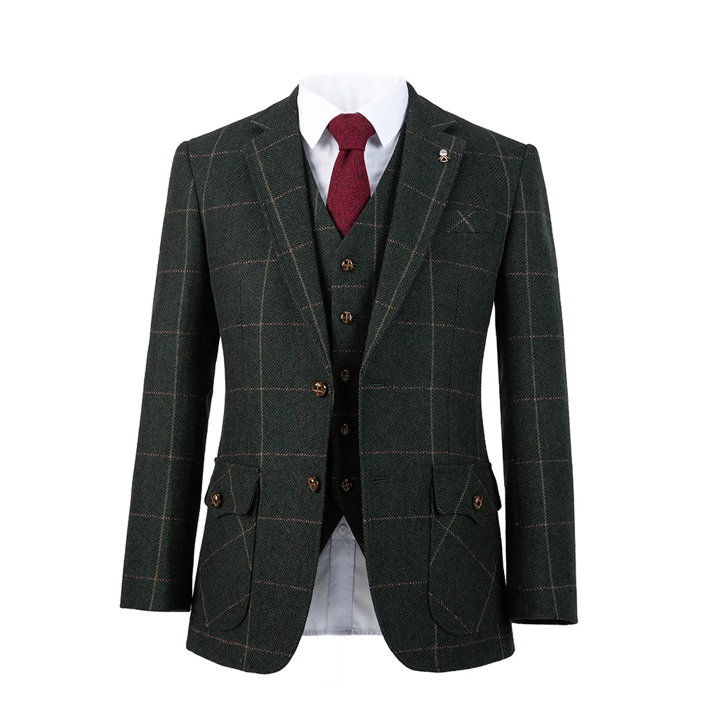 jacket pants vest Шерстяной темно-зеленый плотный мужской твидовый костюм в стиле ретро с узором в елочку, приталенный Блейзер, костюмы на Рождество, мужской костюм - Цвет: jacket pants vest
