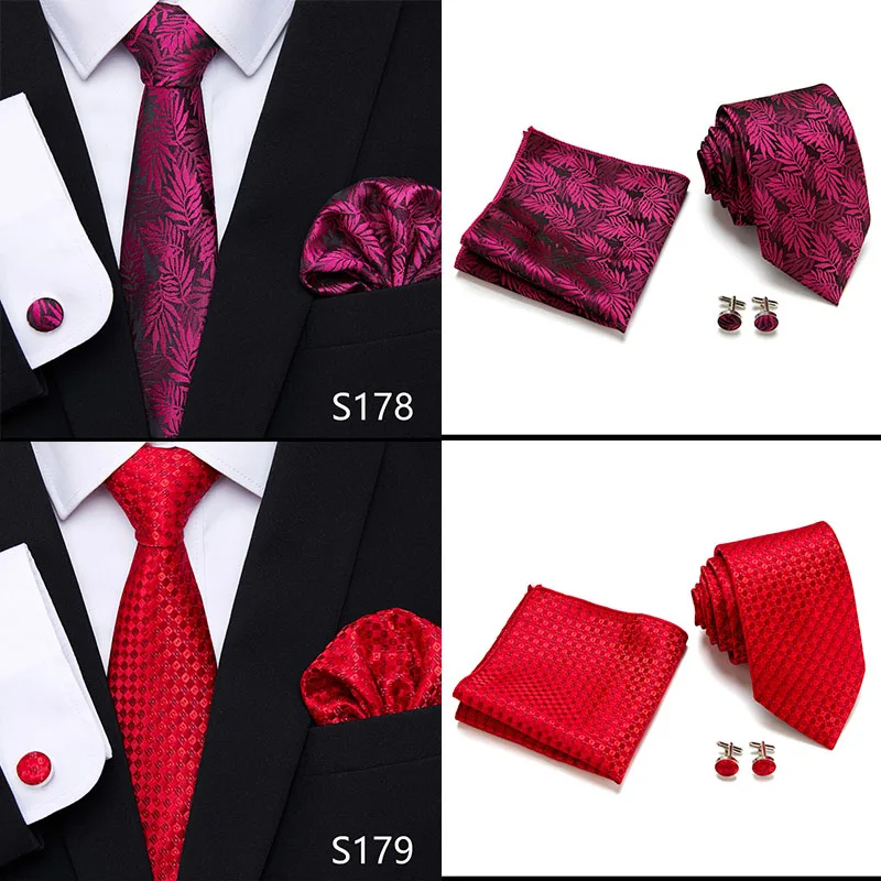 New Red Tie Silk Woven Men Necktie Hanky Cufflinks Set