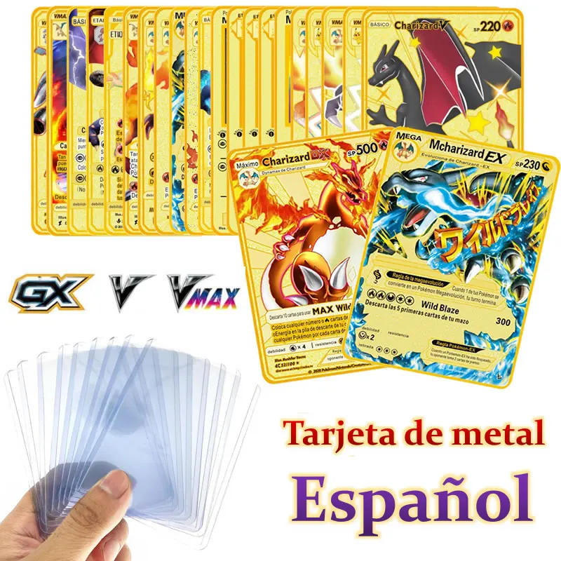 2022 2pcs/Set Anime Spanish Pokemon Cards V Max Gx Cartas Pikachu Charizard Espaol Metal Gold Collection Battle Game EspañA Kids | Игрушки и