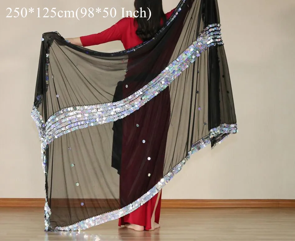 Танец живота малайский шарф большой размер брошенный шарф Sequine украшенный реквизит для сцены черные Серебряные вуали для танцев - Цвет: as picture
