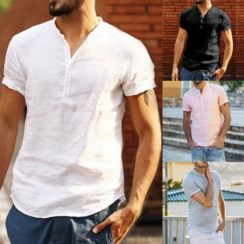 

2020 Fashion Men hirts Summer Male Linen Soft Short Sleeve Solid Shirts Loose Tops Casual Tee