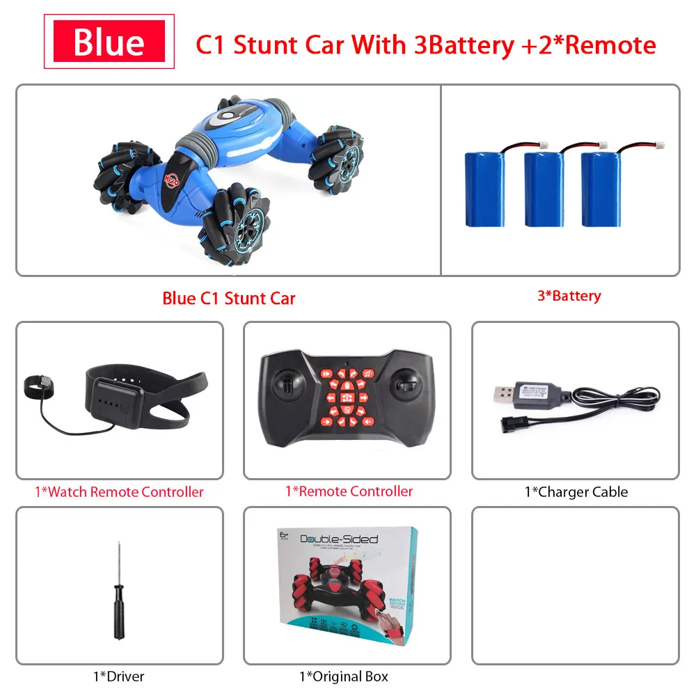 Remote Control Stunt Car Gesture Induction Twisting Off-Road Vehicle Light Music Drift Dancing Side Driving RC Toy Gift for Kids - Color: BLUE 2Remote 3B