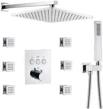 

Thermostatic Valve and12" Rain Shower Head Wall Mounted Body Jets Shower Combo Set,Allows Multiple Heads to Function At a Time