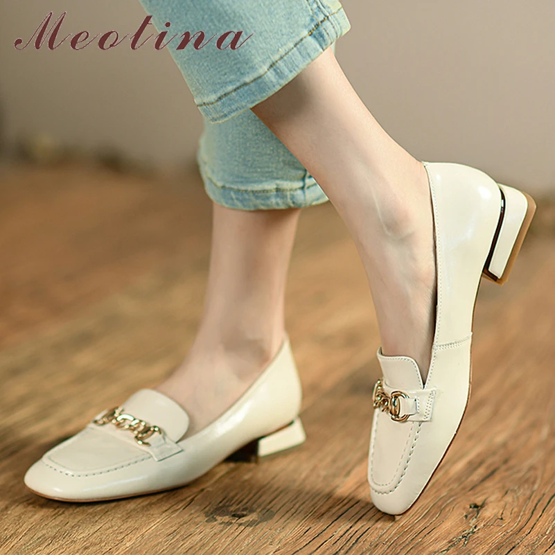 

Meotina Women Loafers Shoes Natural Genuine Leather Flat Shoes Square Toe Chain Fashion Ladies Footwear 2022 Spring Autumn Beige
