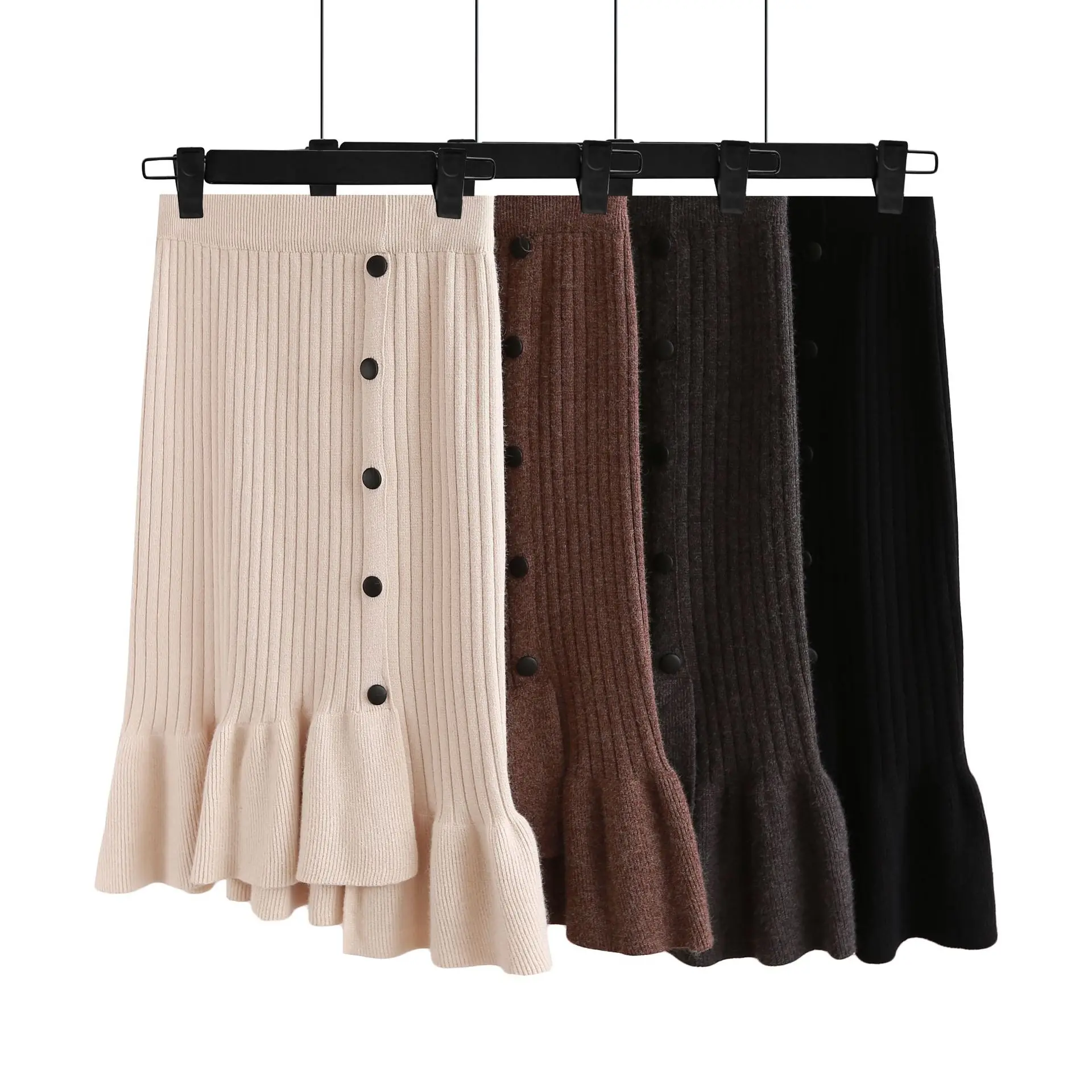 

Women Midi Knitted Skirt 2020 Spring Autumn Fashion Irregular High Waisted Button Skirts Ladies Solid Fishtail Skirt