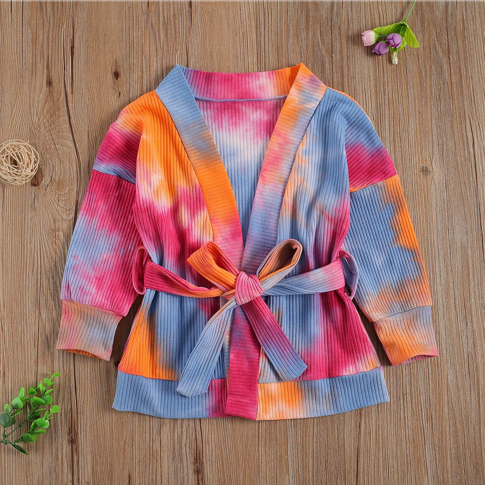 

Fashinable Children Tie Dye Cardigan Multi Color Long Sleeve Cardigan with Waistband for Autumn Spring