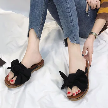 

Fashion Casual Flat Heel Home Travel Slip On Adults Breathable Solid Color Bow Tie Wear Resistant Women Flip Flops Summer Beach