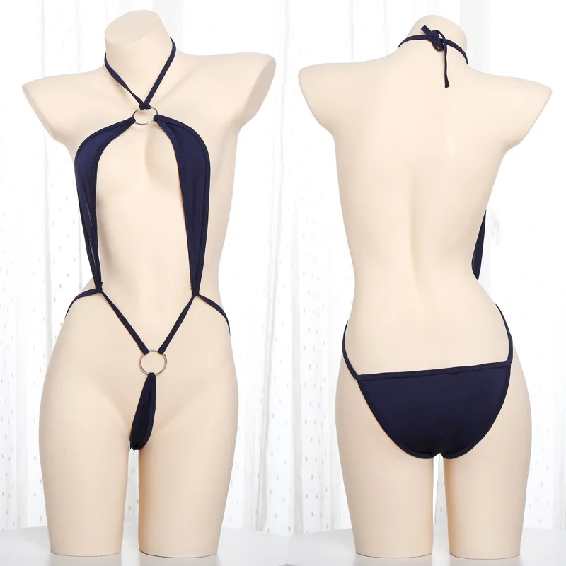 

Women Cosplay Costume Sexy Erotic Female Wetlook One-Piece Swimsuit Monokini Halter Neck Lingerie Fancy Solid Navy Underwear