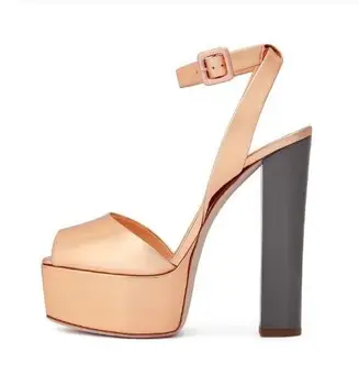 

Women Mixed Color Patent Leather Sexy Peep Toe Sandals Summer Ankle Buckle Strap High Square Heel Shoes Platform Dress Shoes
