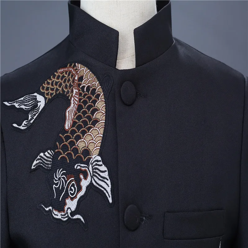 Bird and fish print men's chinese style suit set(jacket+pant) slim stand-up collar black classic business Chinese tunic suit