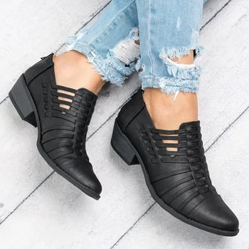 

2020 Women Ankle Boots Women's Hollow Out High Heels Woman Comfortable Low Heel Female Zip Shoes Ladies Pumps Plus Size