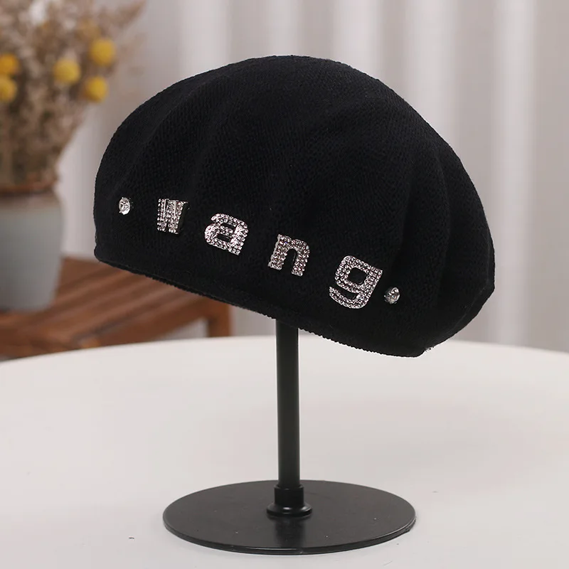 

All Month Knitted Berets for Women Rhinestones Letters Beanie Skull Cap Korean Fashion Female Beret Casual Painter Hats