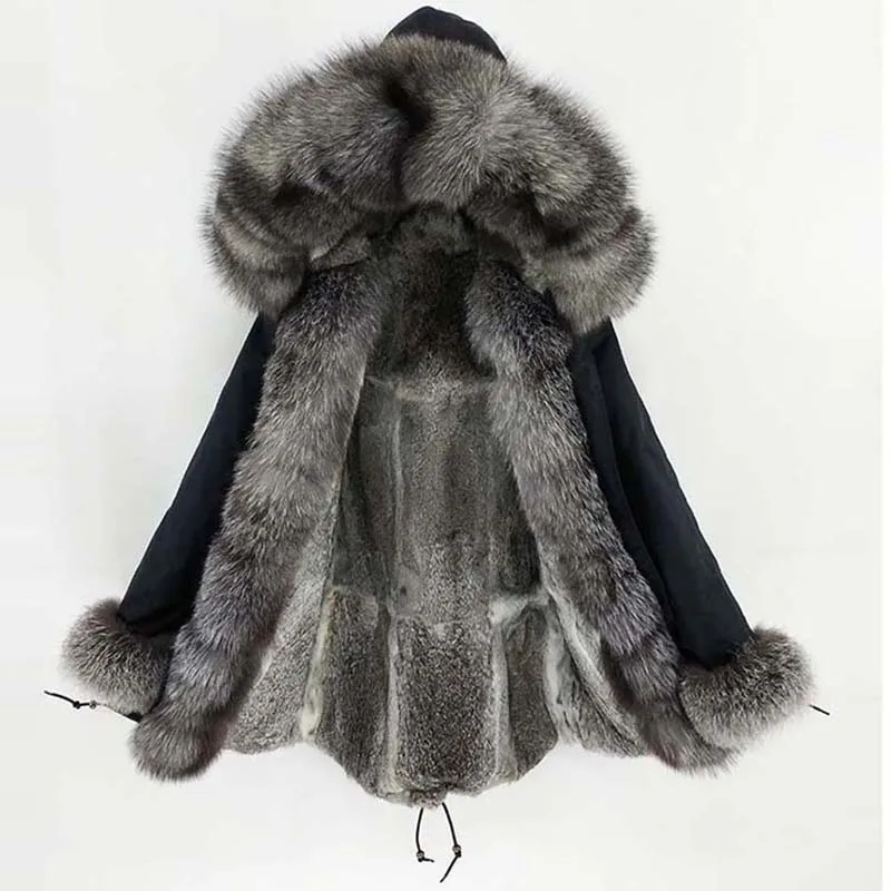 Новинка, зимнее женское черное длинное пальто, синее, серебряное, Лисий мех, воротник, серый кролик, меховой вкладыш, теплое плотное пальто, S-7XL