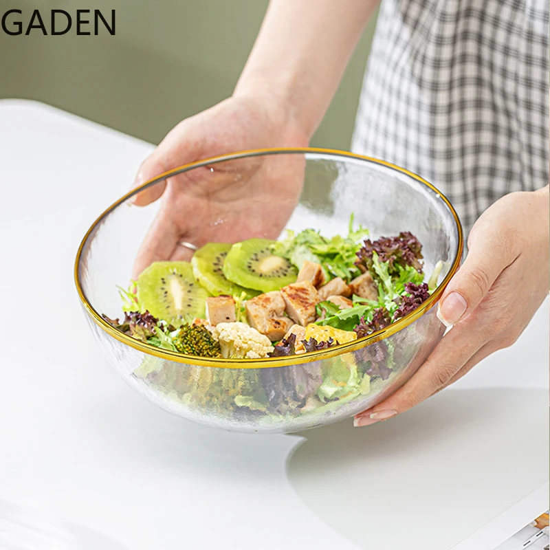 Golden Side Salad Bowl Large Glass Bowl Set Household Fruit Fishing Bowl  Dessert Bowl Nordic Creative Household Tableware
