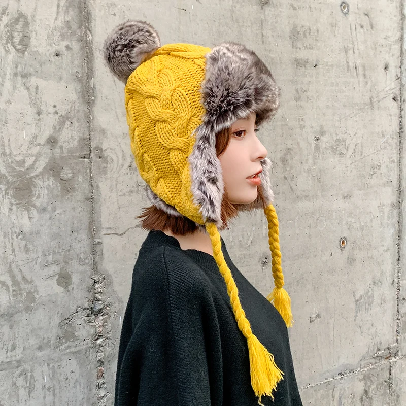H3580 женская теплая шапка-бомбер зимняя вязаная шапка с защитой ушей плюс бархатная Корейская Милая утолщенная плюшевая простая Студенческая шапка для девочек