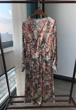 

100% Viscose Women's V-neck Long Sleeve Dress Floral Print Smooth 2020 Early Autumn Lady Long Dress